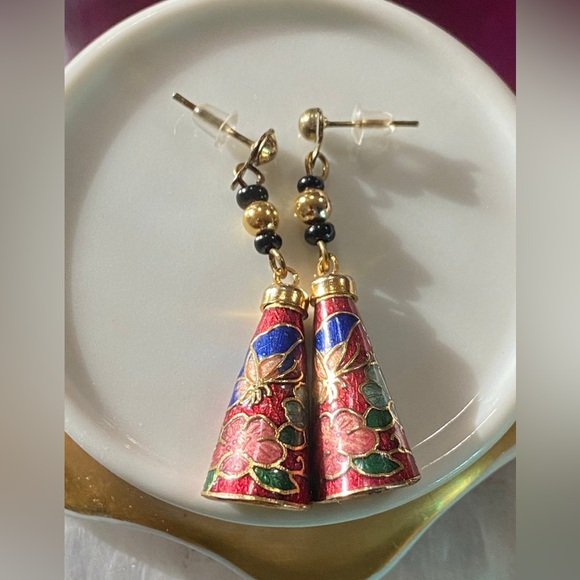 Unique Vintage Jewelry - Vintage Cloisonne Enamel Dangling Floral Pierced Earrings #9086